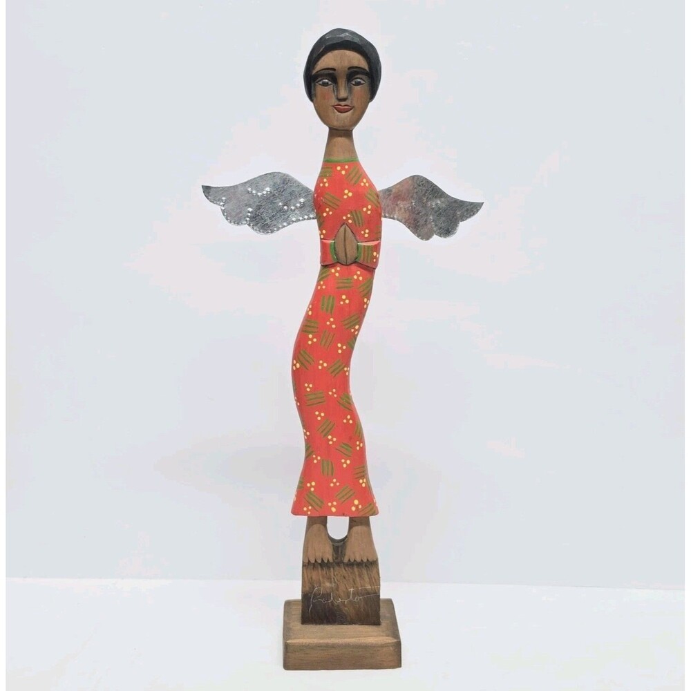 Roberto Rodriguez Wooden Angel Lady Metal Wings Lamanai Gallery Mexican Folk Art